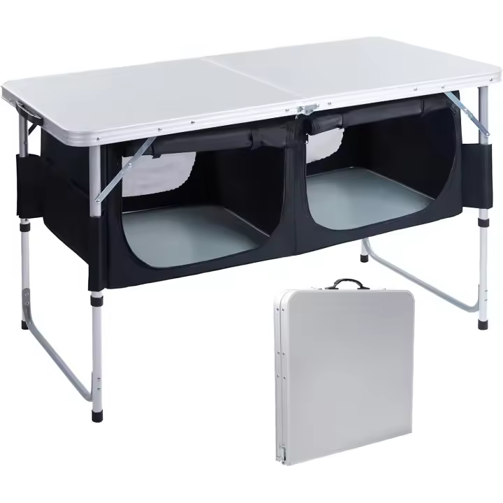 Mesa Plegable de Camping con Almacenamiento, Escritorio Compuesto de Aluminio, Mesa Plegable con Patas Ajustables, Mesa Plegable de Picnic al Aire Libre de - 1