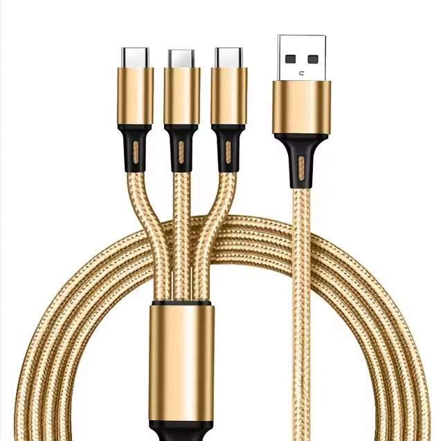 Cable De Carga Rápida 3 En 1 2.4A Braided One Drag Three USB-A Para Apple Android Type-C/USB-C Negro Plata Rojo Azul Dorado 1.2m - 1