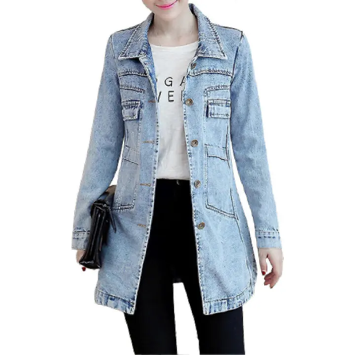 Turn-Down Collar Flap Pockets Denim Jacket Shrink Resistant Irregular Hem Long Women Coat Streetwear - 1