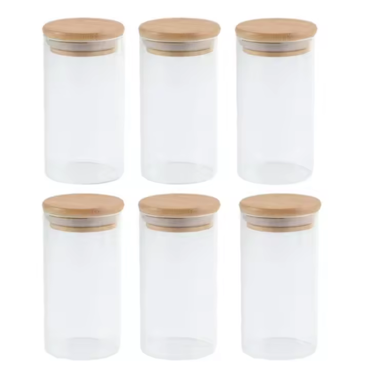 HOGUITA-Juego De 6 Tarros De Cristal Borosilicato Con Tapa De Bambú Hermética, Frascos De Vidrio Para Café, Harina, Azúcar, Dulces, Galletas o Condimentos, Recipientes Transparentes Para Cocina, Almacenamiento y Organización, Variedad de Tamaños - 1