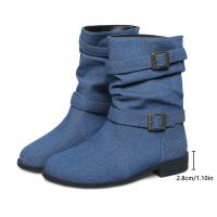 Botas De Tacón Bajo Para Mujer 2024 Moda Denim Con Hebilla Decorativa Botines De Media Calf Winter Roman round Toe Workwear Fiesta - details 4