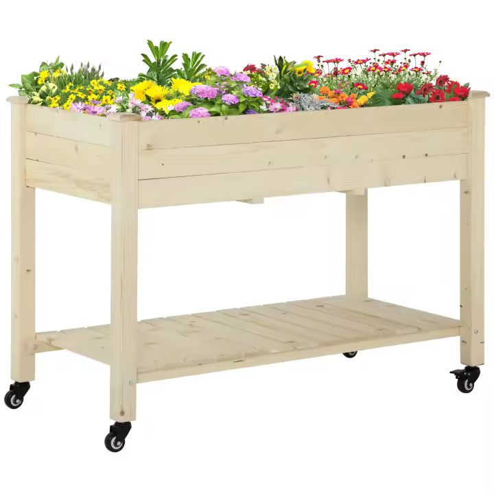 Outsunny Huerto Urbano Mesa de Cultivo 118x55x83 cm Elevado de Madera con Estante Tela Geotextil Ruedas con Frenos Portátil para Cultivo en Jardín Terraza Color Natural - 1