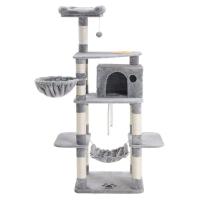 Rascador para gatos de varios niveles de 174 cm, incluye tazón de comida, postes de sisal, cesta flotante, caseta, en antracita o gris claro - details 1