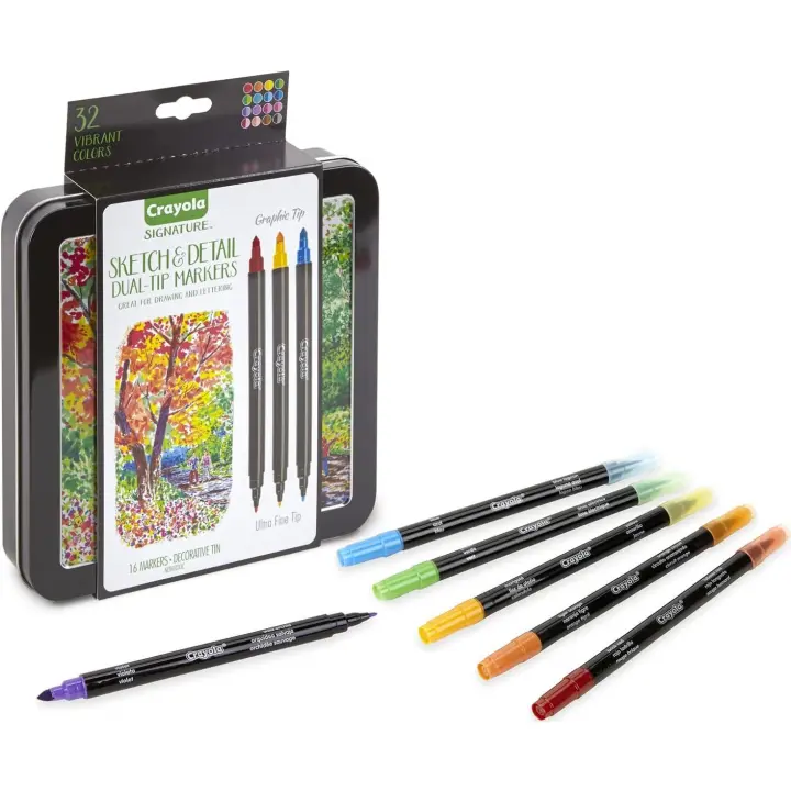 Juego de 16 Rotuladores de Doble Punta, Punta Gráfica y Punta Ultra Fina, en Caja de Lata Decorativa, Crayola 58-6512 - 1