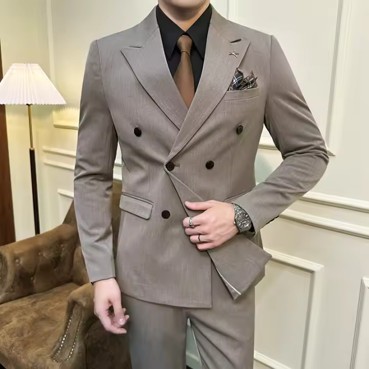 Traje De Negocios Slim Fit Doble Botón De Color Sólido Dos Piezas Coreano Elegante Para Hombres Con Pantalones Talla S-7XL - 1