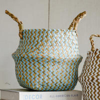 Bolsa De Almacenamiento Bohemia De Paja Con Estampado Rayado Y Florales Hecha a Mano Plegable Para Ropa Jardín Maceta - details 10