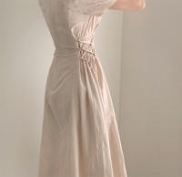 Vestido Largo De Algodón Y Lino Para Mujer Estilo Retro Vintage Con Manga Corta Diseño Sólido A-Line Cuello V Moda De Oficina - details 15