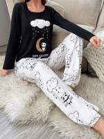 Conjunto De Pijamas Para Mujer Con Estampado De Panda Y Nube Larga Manga Cuello Redondo Y Joggers Elásticos Dormitorio Cómodo De Poliéster Y Elástano - details 0