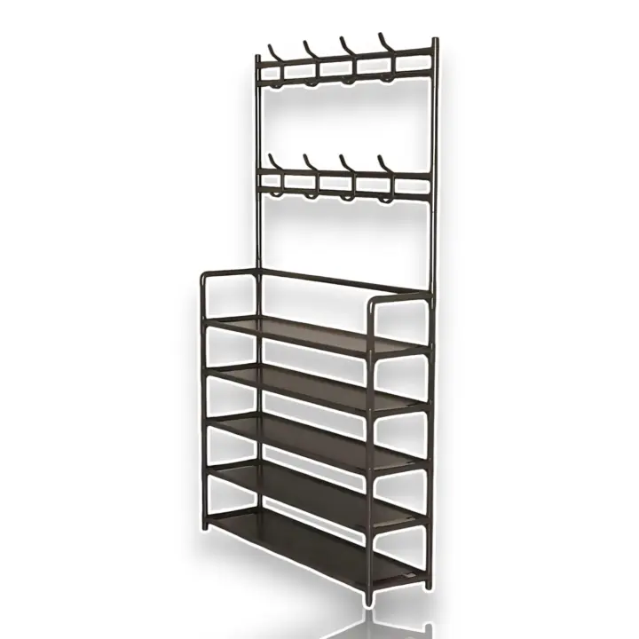 Perchero y Zapatero de 5 Niveles - Perchero & Zapatero con hasta 5 Estanterías para Zapatos y Perchas para Sombrillas, Sombreros y Bolsos - Perchero Moderno para el Hogar - Tubos Estructúrales de Acero al Carbono - EMIPRO. - 1