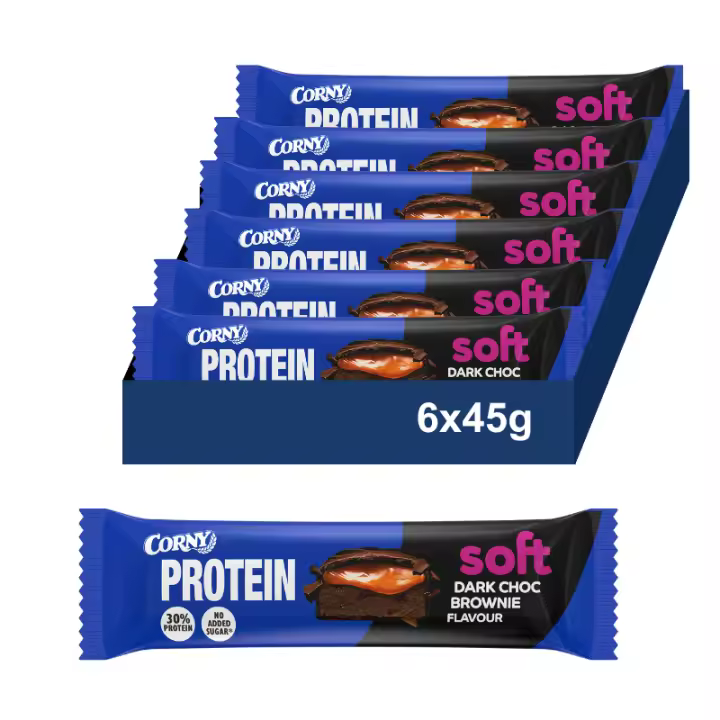 CORNY Protein Soft  Barritas 30% Proteína de  Chocolate Negro con Brownie, 30% Proteína, 0% Azúcares Añadidos 6x45g - 1
