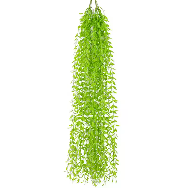 Simulación de planta verde de ratán de hoja de sauce colgando en la pared de plástico para boda - 1