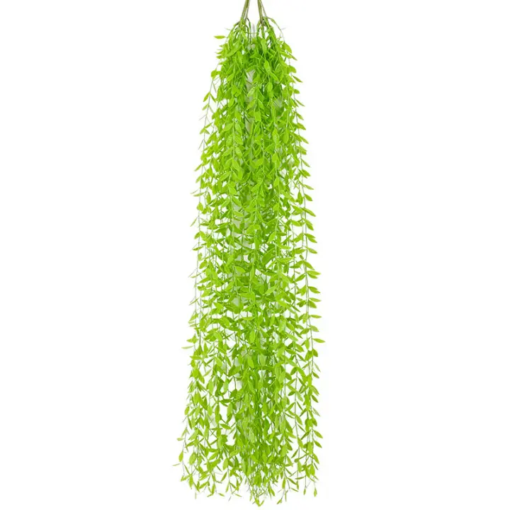 Simulación de planta verde de ratán de hoja de sauce colgando en la pared de plástico para boda - 1
