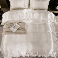 Set De Edredón Satinado 3PCS Colores Blanco Khaki Y Rosa Seda Suave Con Volantes Estilo Moderno Para Cama Conjunto De Ropa De Cama - details 6