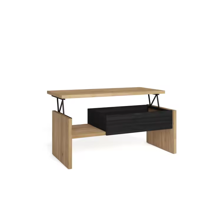 Skraut Home - Mesa de Centro Elevable - Mesa Auxiliar Salón Comedor - 110x50x45 cm - Mesa de Comedor - Estilo Moderno - Color Roble y negro - dimensiones con la bandeja elevada 110x50x56cm - 1