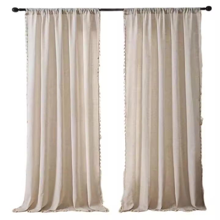 Cortinas De Lino Sólido Con Borlas Para Sala De Estar Dormitorio Balcones Estilo Francés Rustico Cortinas Semi-Blindas - 1