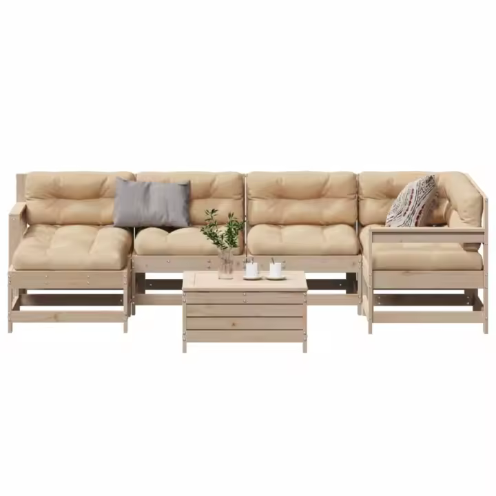 vidaXL Juego de muebles de jardín 7 pzas y cojines madera maciza pino - 1