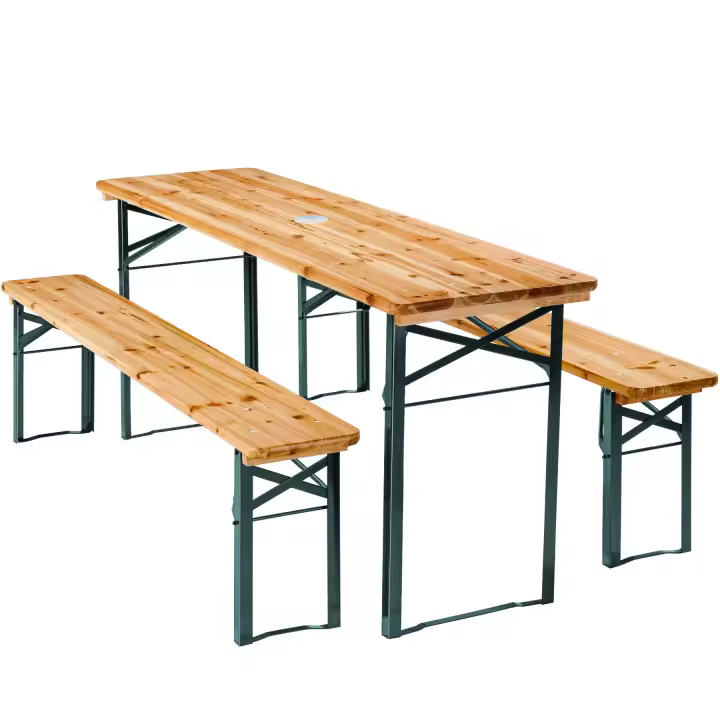 Tectake - Conjunto de 3 piezas con mesa y bancos LUDWIG plegable con soporte para sombrilla  Tamaño ajustable  Mesa y bancos plegables para un montaje rápido y un fácil almacenamiento  Conjunto de muebles de jardín muy robustos - 1