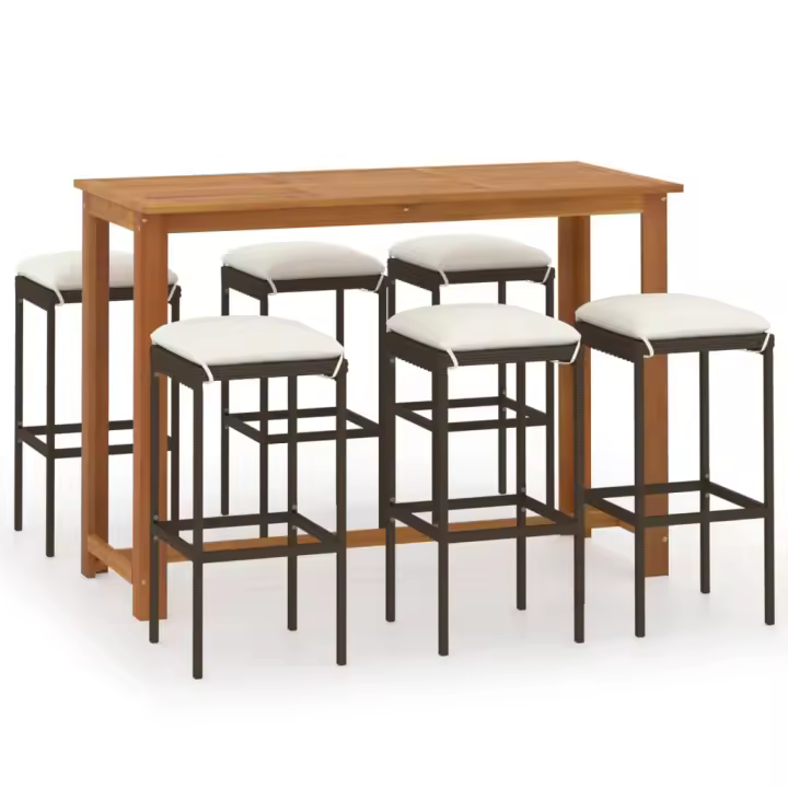 vidaXL Conjunto de bar para jardín 7 piezas con cojines marrón - 1