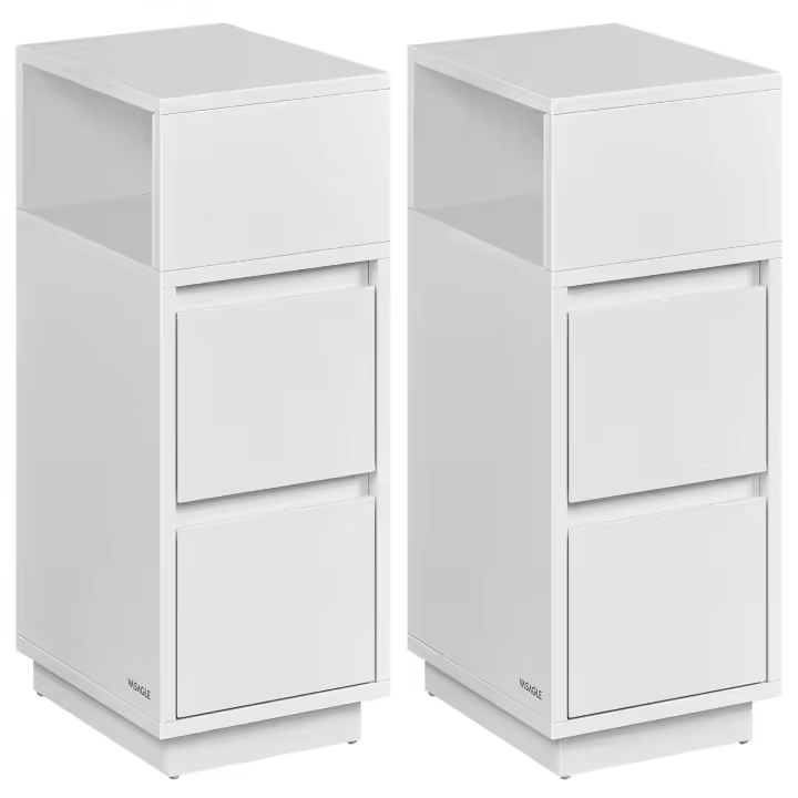 VASAGLE Juego de 2, Mesita de Noche Estrecha, Mesa Auxiliar con 2 Cajones y Compartimento Abierto, Encajable a la Izquierda o a la Derecha, Dormitorio, Salón, Negro Ébano/Beige Natural y Blanco Nube/Blanco Nube - 1