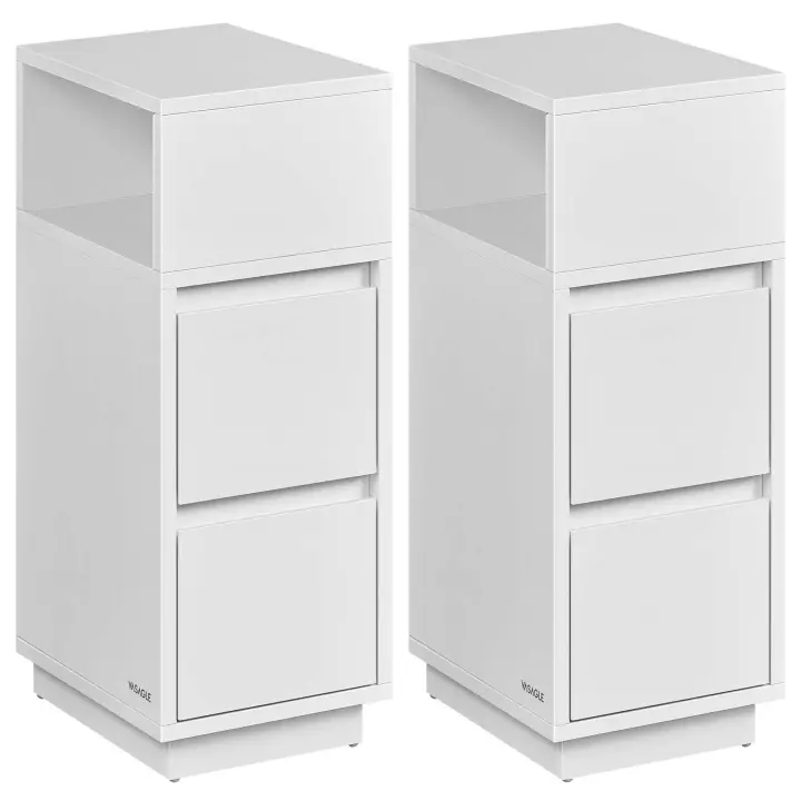 VASAGLE Juego de 2, Mesita de Noche Estrecha, Mesa Auxiliar con 2 Cajones y Compartimento Abierto, Encajable a la Izquierda o a la Derecha, Dormitorio, Salón, Negro Ébano/Beige Natural y Blanco Nube/Blanco Nube - 1