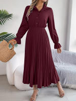 Vestido Largo De Primavera Verano Para Mujer Estilo Casual Color Sólido Cuello Polo Botones Mangas Flares Pliegues Centenares Vestido A-Line - details 7