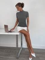 Vestido Ultra-corto De Estilo Elite Para Mujer En Primavera Y Verano Con Contraste De Colores Simple Para El Trabajo Y El Transporte Al Trabajo Con Cuello En Pie Y Estilo Lady Office - details 10