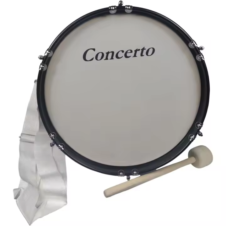Bombo Junior 16"x 7" CONCERTO, con casco de madera forrado en blanco con una maza Bombo, correa cruzada doble de Nailon y llave de afinación - 1