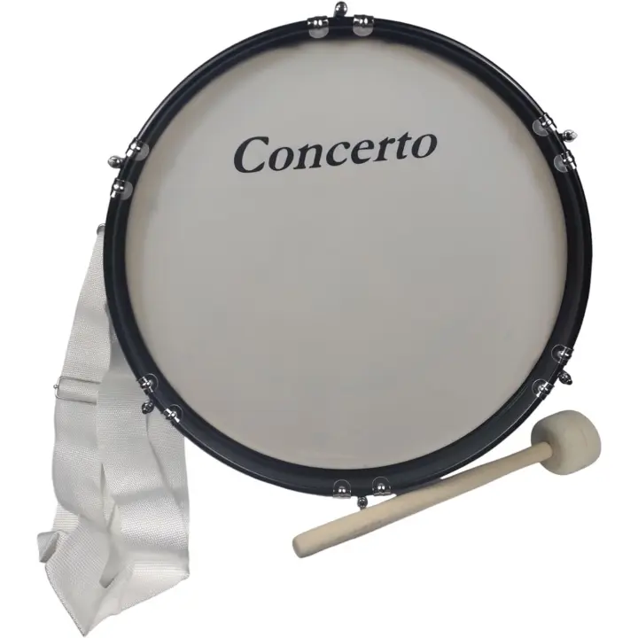 Bombo Junior 16"x 7" CONCERTO, con casco de madera forrado en blanco con una maza Bombo, correa cruzada doble de Nailon y llave de afinación - 1