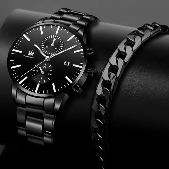 Reloj De Hombre Moda Negocios Cuarzo Tres Ojos Falsos Calendario Acero Inoxidable Cinta Reloj De Pulsera Casual Resistente Al Agua - 1