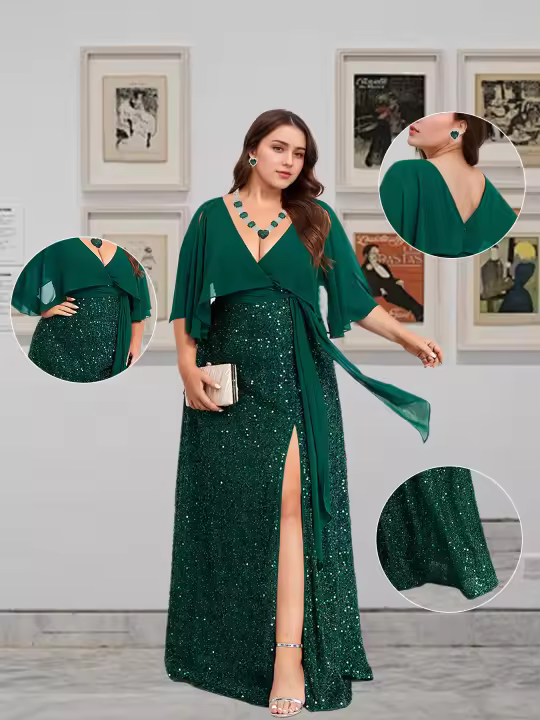 Conjunto De 3 Piezas Para Mujer Talla Grande Vestido De Novia Con Diseño De V-Neck Y Lentejuelas Adorno De Corazón De Diamante Verde Collar Y Aretes - 1