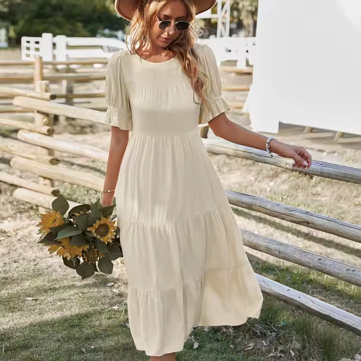 Solid color casual holiday dress spring and summer round neck large swing skirt - 1