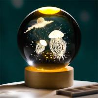 Lámpara De Noche De Cristal De Medusa En Forma De Bola Con Base De Madera Y USB Crear Ambiente Festivo Luz LED De Bajo Consumo - details 3