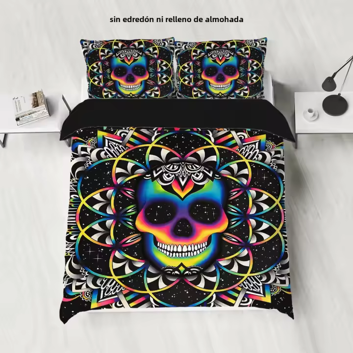 Juego De Sábanas De Pollo Con Patrón De Calavera Y Flor 3 Piezas Sin Relleno Tamaño 1.35m Para Cama Estilo Halloween - 1
