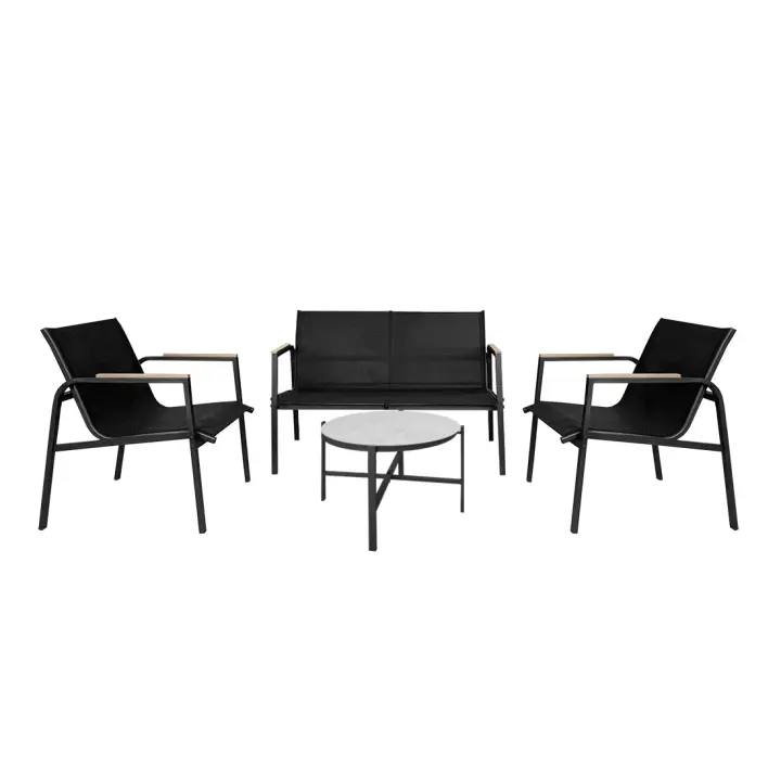 Acomoda Textil – Conjunto Jardín de Sofá + 2 Sillones + Mesa de Acero Resistente, Decorativo y Ligero. Asiento para Exterior en Patio, Balcón y Terraza de Fácil Instalación. (Negro, 4 Piezas) - 1
