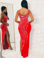 Vestido Maxi De Mujer Con Diamantes Y Abertura En Pierna Beyprern Decorado Con Rhinestones Vestido Sexy Para Fiesta Club Cumpleaños Poliéster Elástico Sin Mangas - details 6