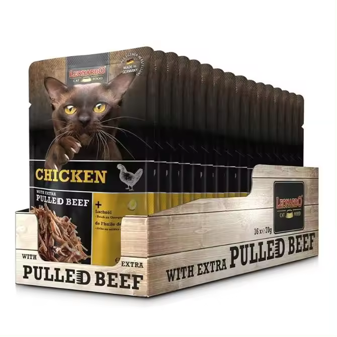 16 Sobres x 70 gr - Leonardo Sobre Pollo + Carne Extra Desmenuzada de Ternera para Gatos - 1