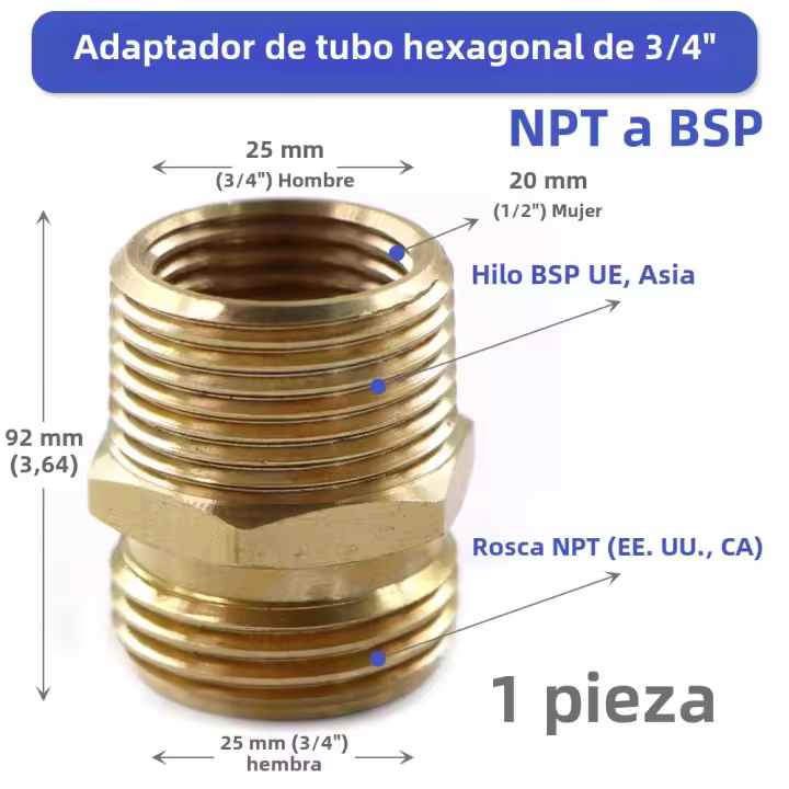 Adaptador De Cabeza Hexagonal De Latón Para Jardín 3/4" NPT a BSP Conector De Agua Para Riego Extensor De Tubería De Cobre - 1