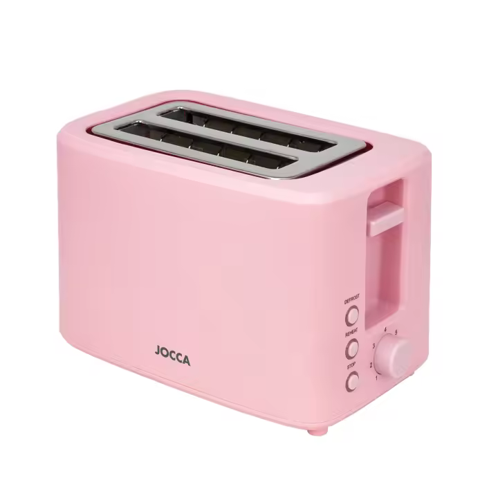 Tostadora Jocca rosa de la línea Sweet con doble ranura ancha para diferentes panes y bollerías diseñado para que este centrado logrando un tostado uniforme, cuenta con 7 niveles y la función de descongelar, recalentar y cancelar junto a 700W de potencia - 1
