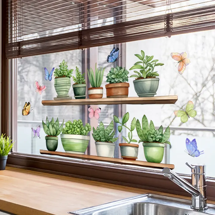 Pegatinas De Ventana Para Decoración De Hogar Con Plantas Verdes Minimalistas Y Frescas Autoadhesivas Para Vidrio De Las Ventanas - 1