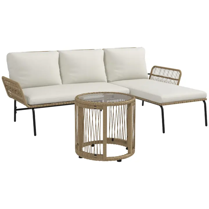 Outsunny Conjunto de Muebles de Jardín Exterior de Ratán Juego de 3 Piezas Muebles de Terraza con Sofá de 2 Plazas Chaise Longue Cojines y Mesa Auxiliar de Tablero de Vidrio para Patio Crema y Natural - 1