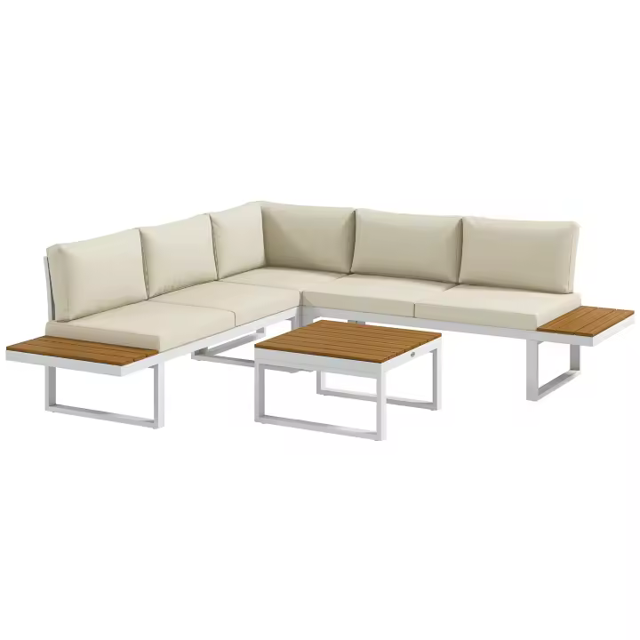Outsunny Conjunto de Muebles de Jardín Exterior 4 Piezas Juego de Muebles de Terraza Incluye 2 Sofás Dobles 1 Sofá Esquinero Reclinable y Mesa de Centro con Cojines para Patio Crema - 1