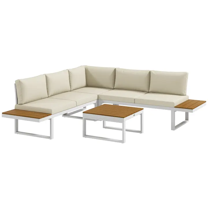Outsunny Conjunto de Muebles de Jardín Exterior 4 Piezas Juego de Muebles de Terraza Incluye 2 Sofás Dobles 1 Sofá Esquinero Reclinable y Mesa de Centro con Cojines para Patio Crema - 1