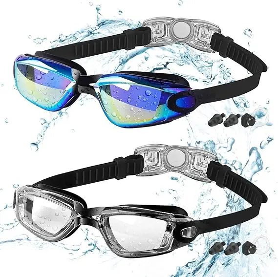 Gafas de Natation para niños de 3 a 16 años, antivaho, impermeable (Lens Negra/Dorada y Lens Negra/transparent), paquete de 2 - 1