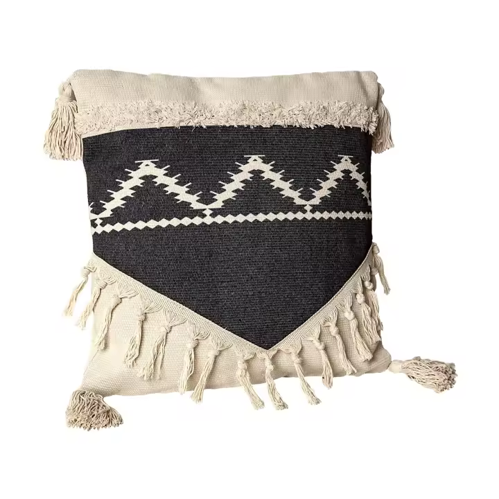 Cojin crema, negro con flecos polyester Crema, negro 45x45x10cm. El mejor complemento para tu hogar. - 1