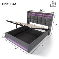 Cama tapizada con USB 140x200 cm, Cama Doble LED con somier de metal, somier Juvenil de Material de Lino (con colchón) - details 5