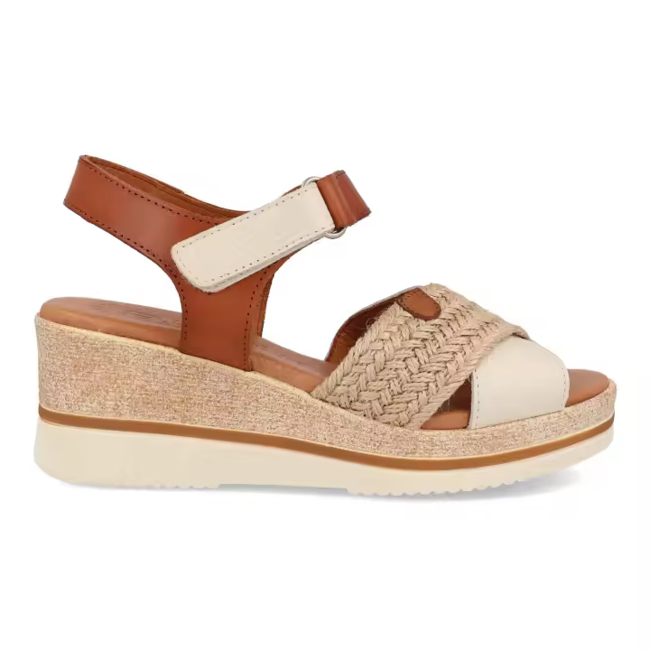 Sandalia de Cuña en Piel con Velcro para Señora marca Bda 663 Yute/Blanco - 1