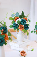 25pcs Flores Artificiales Verdes Turquesas Y Terracota Ombre Con Ramas Rosas PE Para DIY Arreglo De Boda Decoración Del Hogar - details 2