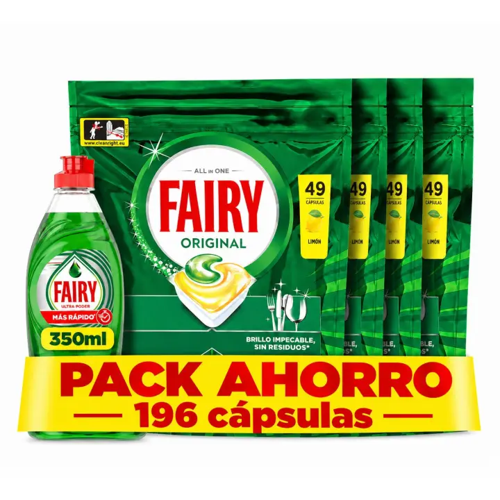 Fairy Lavavajillas Máquina Original 196 o 245 cápsulas + Fairy Lavavajillas Mano Ultra Poder 350ml - 1