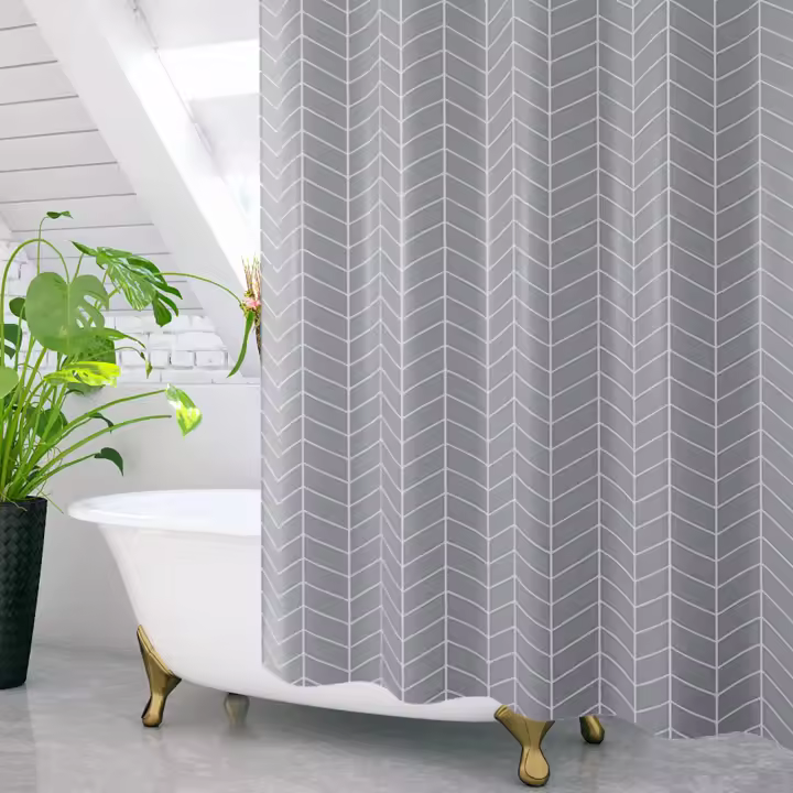 Cortina de ducha de poliéster impermeable, resistente al agua, lavable, color gris, con 12 ganchos - 1