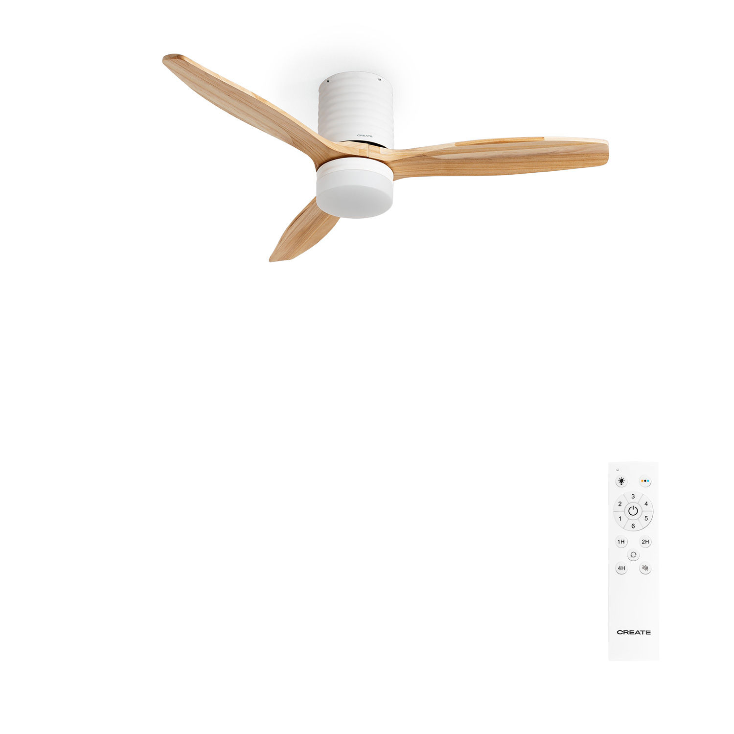 CREATE - Ventilador de techo 40W  silencioso Ø132 cm 100% madera, 6 velocidades, Función verano/invierno, Motor Blanco LÍNEAS HORIZONTALES, WIND CALM LINE